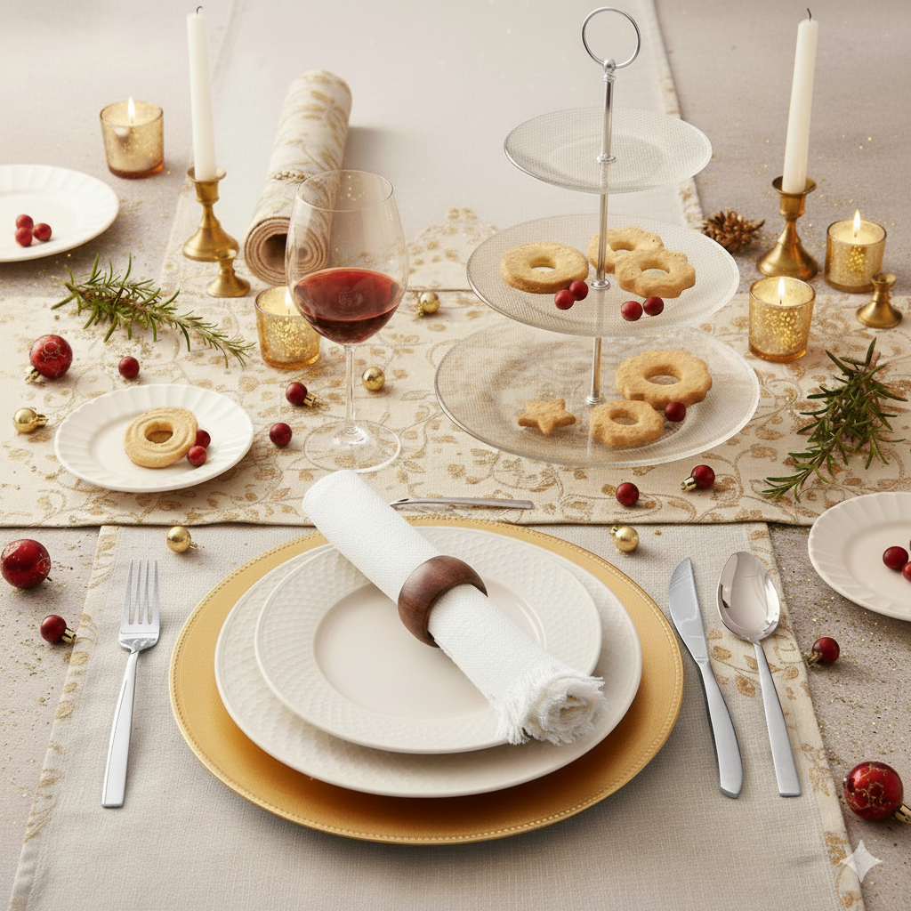 Slavnostně prostřený stůl s talířy, látkovým ubrouskem, dekoračním kroužkem a stojanem na cukroví